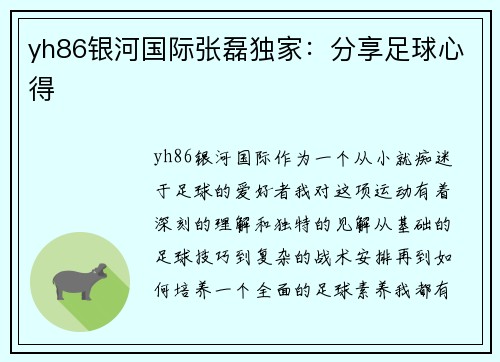 yh86银河国际张磊独家：分享足球心得